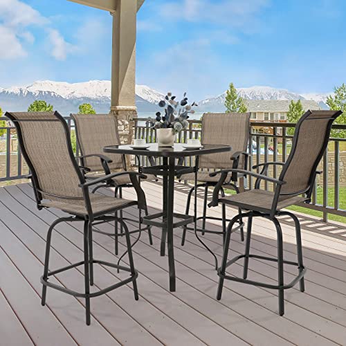 Vonzoy 5 Piece Patio Bar Height Set W/ 4 Outdoor Swivel Chairs And 1 High Glass Bar Table, High Top Bistro Set – Brown #TOP1