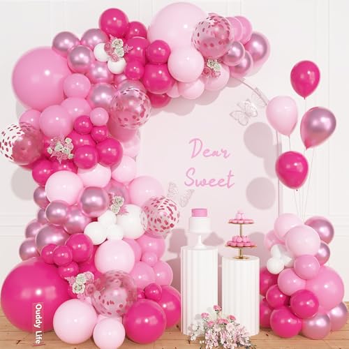 Image of Ouddy Life 157 Pcs Pink Balloons Arch Garland Kit, Hot Metallic Light Pastel Pink White Rose Confetti Balloons Different Size Princess Birthday Wedding Gender Reveal Mothers Day Party Decorations