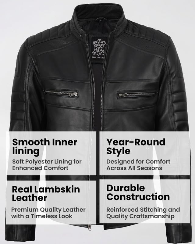 Image of Blingsoul Men's Leather Jacket - Real Lambskin Motorcycle Cafe Racer Biker Style Jacket