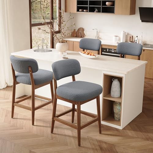 Image of Counter Height Bar Stools Set of 4, Mid-Century Modern Boucle Bar Chairs with Solid Wood Frame, Fluffy Upholstered Stools with Backrest for Kitchen Island, Home Bar, Dove Gray