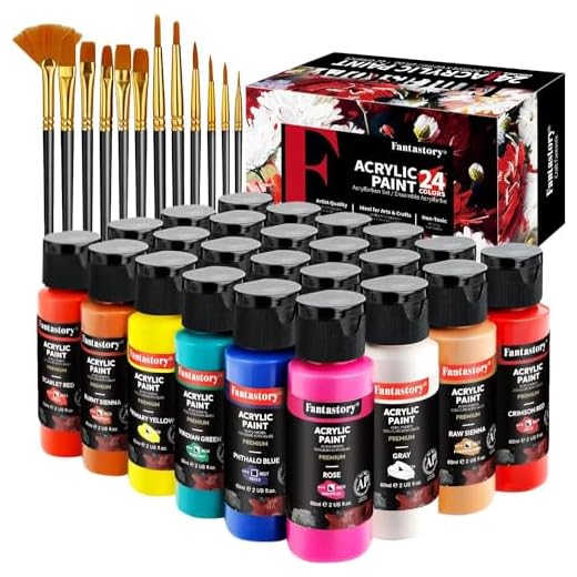 Fantastory Pinturas Acrilicas(24×60ml), Manualidades con 3 Pinceles, Pintura Impermeable, no Se Decolora, para Lienzos, Madera, Cerámica, Ideal para Principiantes y Profesionales