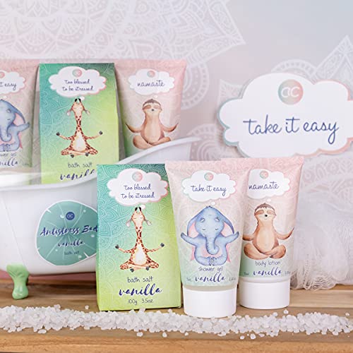 Accentra - Anti-Stress Bade- & Duschset mit Vanilleduft - Geschenk Set zur Entspannung für Frauen zum Geburtstag oder Weihnachten - 5-Teiliges Wellness Geschenk- & Pflegeset mit Mini Deko-Badewanne