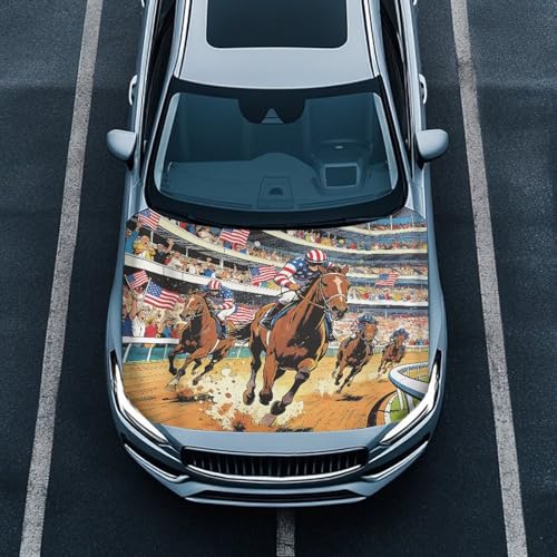 Image of Car Hood Cover Protector 59x39 inches Stretchable Auto Hood Wrap American Flag Horse Racing Waterproof Auto Exterior Accessories for Compact Sedans SUV Trucks