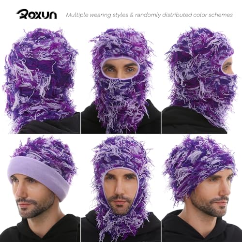 Image of ROXUN Distressed Ski Mask Balaclava, Yeat Shiesty Fluffy Knitted Full Face | Highly stretchy construction
