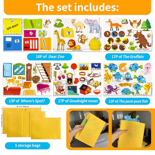 PENGFULL 5 Sets (75P) Felt Board Stories Pieces,Tell Five Picture Books Stories(Goodnight Moon,Dear Zoo), for Felt Fannel Board,for Preschool, Kindergarten,Family Time