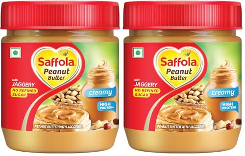 Image of Saffola Peanut Butter with Jaggery, Creamy 350 gm | High Protein Peanut Butter | No Refined Sugar (Pack of 2)