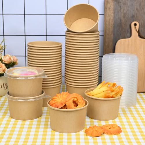 Image of ESSENTIAL 50 Pcs 16oz Paper Ice Cream Cups with Lids | Disposable Soup Bowls with Lids for Hot or Cold Food, Paper Snack Containers for Sundae, Frozen Yogurt, Soup (Brown)
