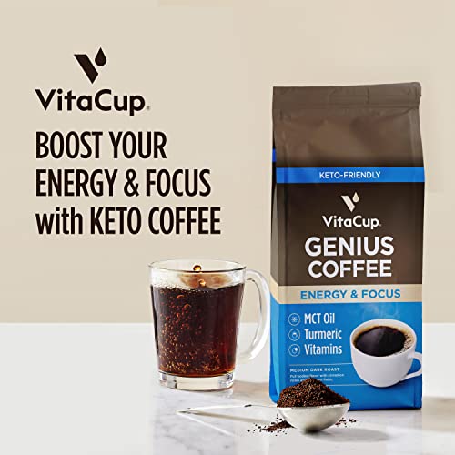 Vitacup Genius Ground Keto Coffee W/Turmeric, Mct Oil, B Vitamins, D3, Ground Coffee Medium Dark Roast, Bold & Smooth, 100% Arabica Coffee Grounds, 11 Oz #TOP1