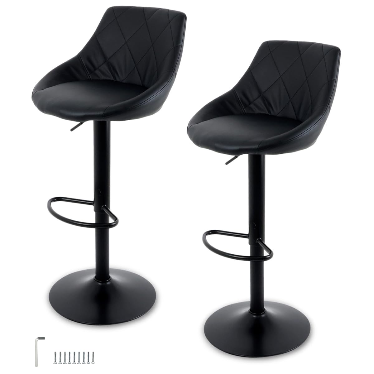 GAON. Sillas de Bar para Barra de Cocina con Respaldo y Reposapies de Altura Ajustable - Bancos para Bar con Asiento Acolchado Diseño Elegante Set de 2 Piezas Negro + Kit de Armado
