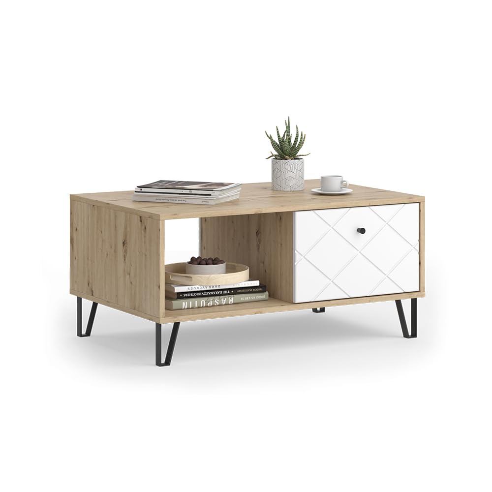 Vicco Mesa de Centro Nizza, Roble Artesanal, 90.2 x 59.4 cm | con compartimento abierto y cajón, para usar como superficie de apoyo junto a la cama