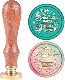 SUPERDANT 25mm Wax Sealing Stamp Happy Birthday To You Balloon Pattern Seal Wax Stamp Brass Head Stamp 1 Wooden Handle for Envelopes Card Birthday Gifts Packing Without Wax