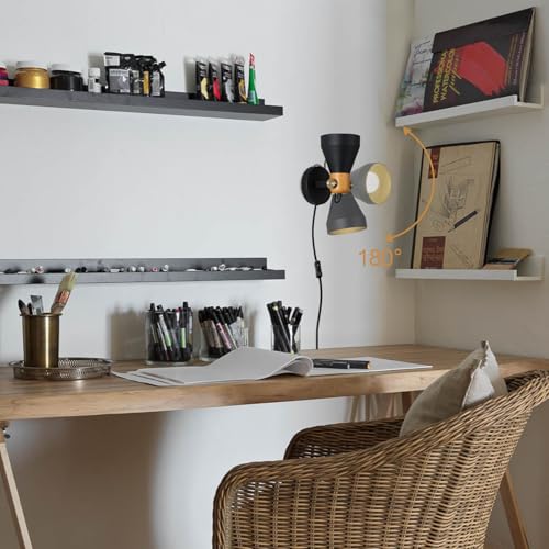 Image of Modern Plug-in Wall Sconces, Matte Black | Adjustable Reading Light, Real Wood Accent, For Bedroom, Living Room, Apartment, Home Office