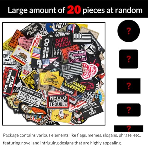 Harsgs 20 Pieces Random Tactical Morale Patch Bundle, Full Embroidery Loop and Hook Patches Set for Caps, Bags, Backpacks, Vest, Military Uniforms,Tactical Gears Etc