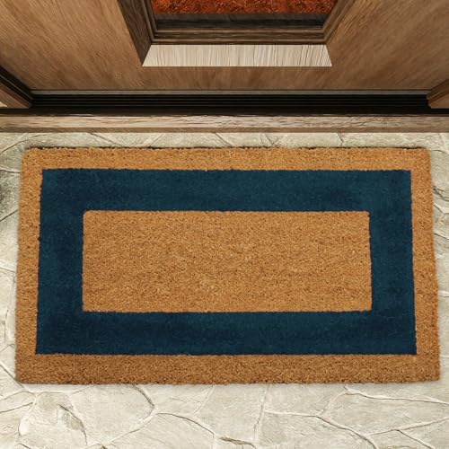 TECHZOCO Felpudo de Coco, Alfombra de Entrada de casa, Felpudo ecológico de Fibra de Coco, Alfombrilla de Entrada, Tapete de Bienvenida, 100% Coco, Naturales sostenibles Cenefa Azul, 40 x 60 cm