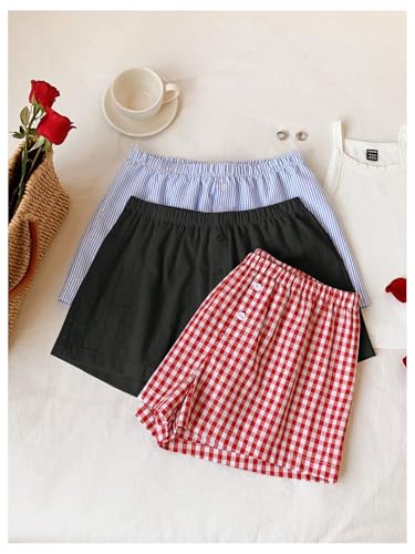 Image of MakeMeChic Women's 3 Pack Linen Shorts Gingham Striped Beach Shorts