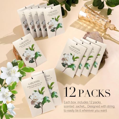 Image of Gardenia Scented Sachet Bags - 12 Pack Drawer & Closet Freshener, Long Lasting Odor Eliminator for Wardrobes, Cars & Storage, Home Fragrance Air Freshener Sachets
