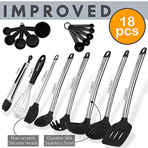 Premium Kitchen Utensil Set for Cooking - 18-Piece Spatulas & Spoons for Nonstick Cookware - Heat Resistant, Non-Scratch, Dishwasher Safe Silicon Stainless Steel Tools - Measuring Cups, Whisk, Tongs