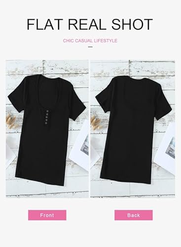 Dokotoo Womens Ladies Summer Sprimg Casual Basic Ribbed Button Down Low Cut Scoop Neck Solid Color Tight Slim Fit Short Sleeve Sports Workout Shirts For Women Athletic Plain Tee Tops Black Xl #TOP6