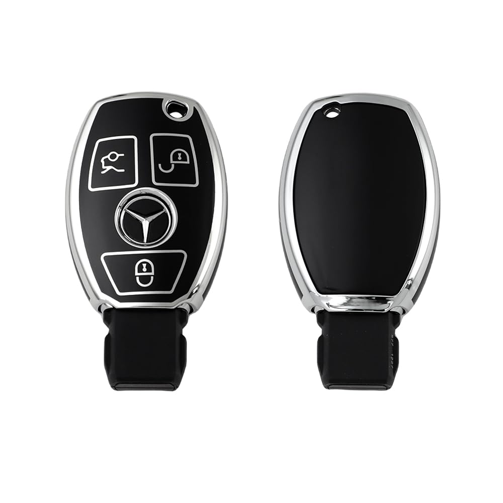 Ashar Key Hub TPU Car Key Cover Compatible for Mercedes Benz C E M S CLS CLK GLK GLC G Class with 3 Button Smart Key (Silver Black)