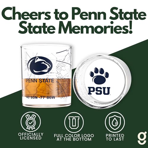 Image of Greenline Goods Penn State University Nittany Lions Whiskey Glasses Set of 2, 10 oz Rocks Glasses with Full-Color Logo & Campus Map - Officially Licensed Bourbon Glass Gift for Alumni & Fans