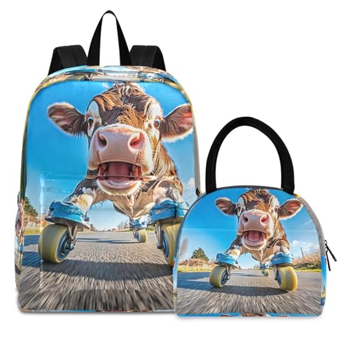 Backpack Lunch Box Set Large Capacity Travel Backpacks and Insulated Lunch Bag for Commute Hiking Picnic Skating Cow Print