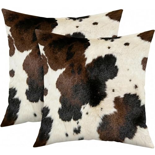 Qwalnely Brown Cow Pillow Covers Western Cowhide Print Throw Pillow Cases 18x18 Set of 2 Cowfur Print Home Decor Decorative for Room Couch Bed Sofa Bedroom