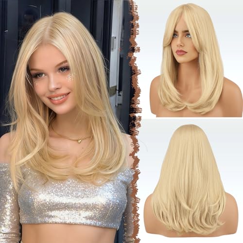 Image of FESHFEN Blonde Wigs with Bangs - Long Layered Straight Light Blonde Natural Looking Synthetic Hair Wig for Women Daily Party Use, 18 inch
