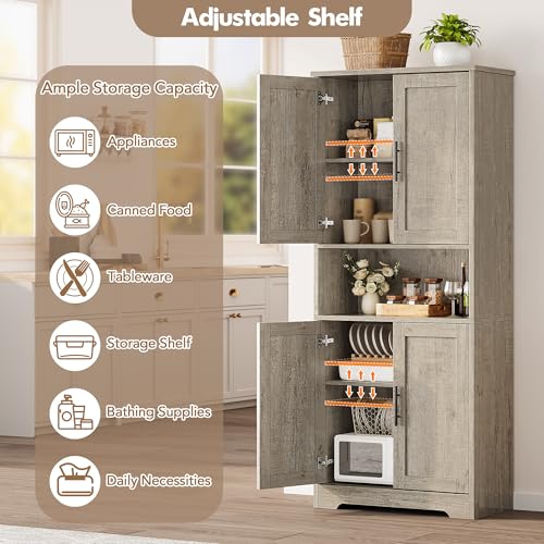 Image of 70 inch Tall Kitchen Pantry Cabinet,Modern Kitchen Hutch with Microwave Stand & Adjustable Shelves,Ideal for Dining Room, Bathroom, Laundry Room - Modern and Functional Design.Grey.
