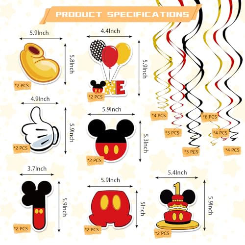 Image of Red 1st Birthday Hanging Swirl Decorations, Mouse Birthday Party Ceiling Streamers, Mouse Theme Party Supplies, Party Favors for Boys Kids(38 Pcs)