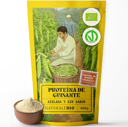 NaturaleBio Proteína de guisante 450 g. Vegana, orgánica y sin OGM. Hipoalergénica y fácil de digerir. Para el control de peso, la recuperación y el crecimiento muscular.