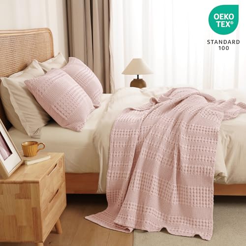 Image of PHF 100% Cotton Waffle Throw Blanket for Couch, Lightweight Breathable and Soft for Summer, Luxury Aesthetic Waffle Weave Blanket for Home Decor & Office, Gifts for Women, 50 inchx60 inch, Pink /Mauve