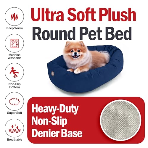 Image of Majestic Pet Suede Shredded Memory Foam Mix Calming Dog Bed Washable - Cozy Soft Round Dog Bed with Spine for Head Support - Fluffy Donut Dog Bed, 24 Inch, Navy