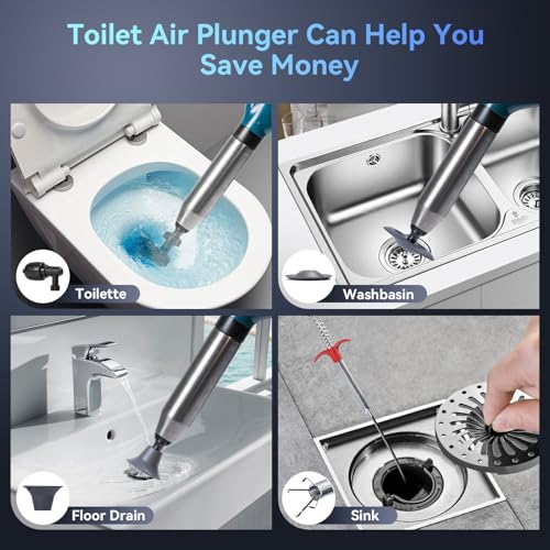 DkevEu Rohrreiniger Druckluft,Abflussreiniger Pumpe mit Luftdruckanzeige,Pressluft Rohrreinigungsspumpe mit 4 Saugnäpfen,Handschuhe und Krallengreifer Abflussreiniger,für WC,Toilette