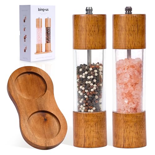 Wooden Salt and Pepper Grinder Set | 8-Inch Manual Acrylic Mills with Adjustable Ceramic Grinding Mechanism | Includes 2 Grinders + Wood Base | Premium Salt and Pepper Grinders by BING-US
