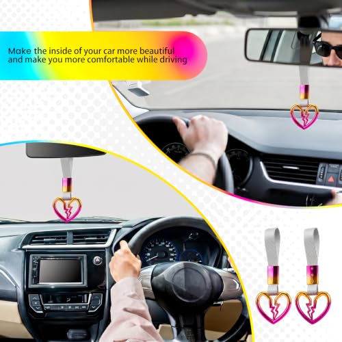 Image of 2PCS Heart Shaped Car Handle Straps, Rear Bumper Warning Keychain Ring for Car Exterior Accessories (Chrome Rainbow Broken Heart - White)