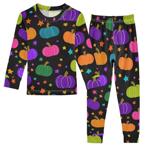 Fustylead Cute Neon Color Pumpkins and Stars Cotton Pajamas Set 2 Piece Long Sleeve Pjs Sleepwear