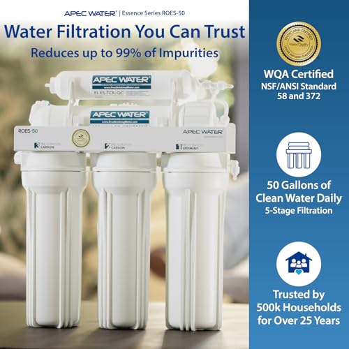 APEC Water ROES-50, 5-Stage Under Sink Reverse Osmosis Water Filter System, NSF Certified 372 & 58, 50 GPD, Reduces 99% of Impurities