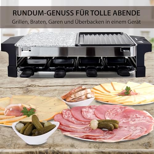 Syntrox Germany Raclette Bernus 8 Personen, 1500W Multifunktions-Grill mit Heißem Stein und Antihaft-Platte, Edelstahl inkl. 8 Pfännchen – Bild 2