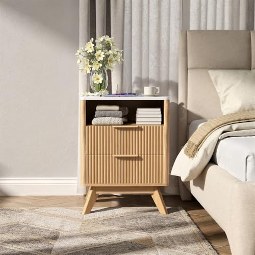 Image of Nebuaegis Nightstand,Side Table with Charging Station,Bedside Tables with Drawer,Mid-Century End Tables Set (1-Piece),Natural Oak