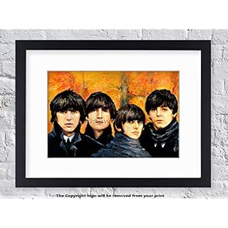 Poster plastifié The Beatles – Portrait jaune – encadré blanc – Art Print - Les Beatles, Paul McCartney, John Lennon, RIngo Starr, George Harrison
