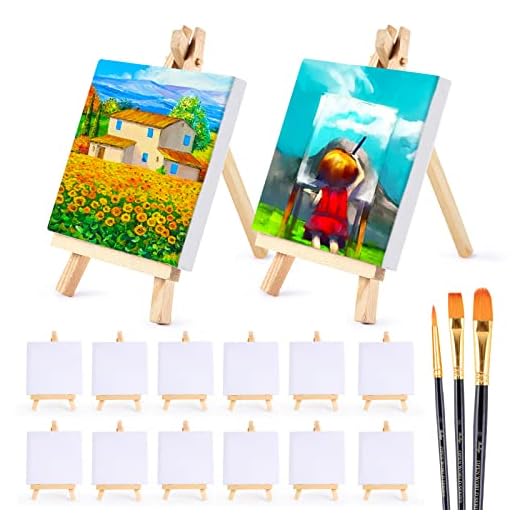 JOTOL Mini lienzo con caballete,12 Piezas Mini Lienzos con Caballete de Madera,De Arte ienzo Blanco para Pintura Al Óleo y Acrílico para Aficionados y Artistas