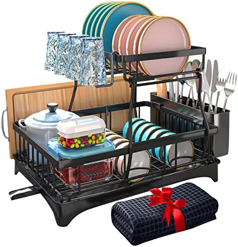 Godboat Dish Drying Rack, Dish Rack with Extra Drying Mat, 2-Tier Dish Racks for Kitchen Counter, Kitchen Gadgets with Drainboard & Utensil Hooks, Kitchen Organization & Decor, Gifts for Women & Men