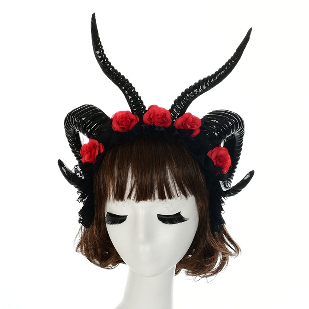 Cerchietto per capelli, da donna, in corno di pecora, in pizzo, con velo, fascia per capelli per feste di Halloween, Natale, accessori creativi per capelli
