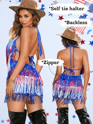Image of Kaei&Shi Sequin Fringe Romper,Sparkly Glitter Metallic Jumpsuits For Women,Backless Shorts Dress Disco Birthday Dance Outfit