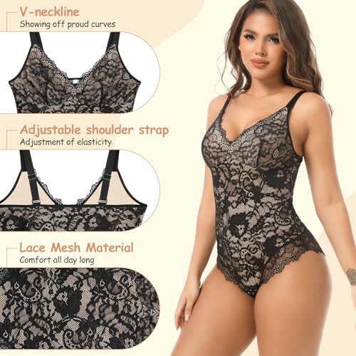 woahee Lace Shapewear Bodysuit for Women Tummy Control Shapewear Sleeveless V-Neck Tank Tops Backless Thong Body Suit3