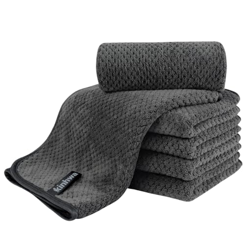 KinHwa Mikrofaser Gästehandtücher Handtücher 30x50cm, Weiche Saugstark Gästetücher mit Aufhängeschlaufe, Schnelltrocknend Saugfähig für Bad, Spa, Fitnessstudio 6 Pack Dunkelgrau