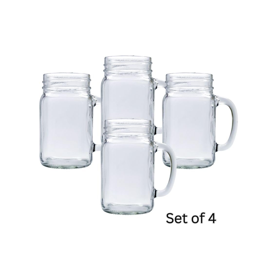 Set of 4 Rustic Mason Jar Drinking Glasses – 16 oz with Handle – Vintage Glass Cups for Beverages, Parties, Weddings, DIY Crafts