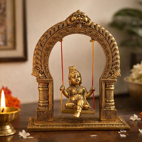 Image of White Metal Krishna on Swing Jhula 7.9 - Golden | Oxidized Bal Gopal for Temple & Home Home | Durable Material | Ideal for Home Decor | Perfect for Gifting