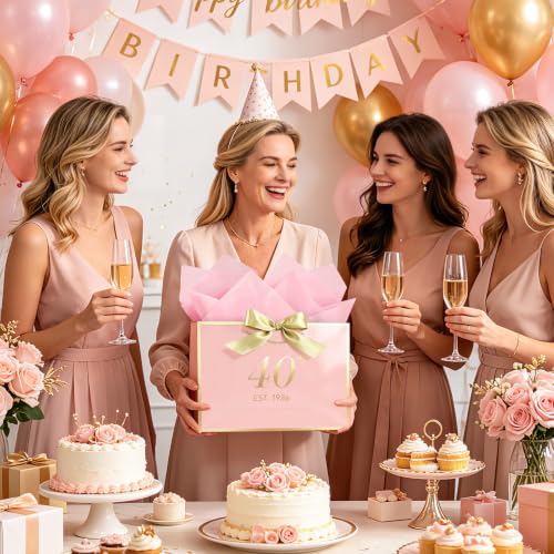 Image of JMANNI Birthday Gift Bag with Card and Tissue Paper for Men Women Him, Elegant Pink Gold Anniversary Keepsake Party Present Shopping Paper Bags for Gifts Wrapping Pink / 13 inch Large /EST.1986 40th