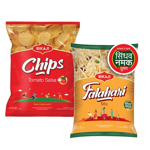 Bikaji Falhari Mix & Potato Chips Tomato Salsa Combo – 280g | Ready to Eat Indian Namkeen | Crunchy Tea-Time Snack, Bar Snack & Party Mix | Tangy Indian Munchies for Sharing & Everyday Snacking